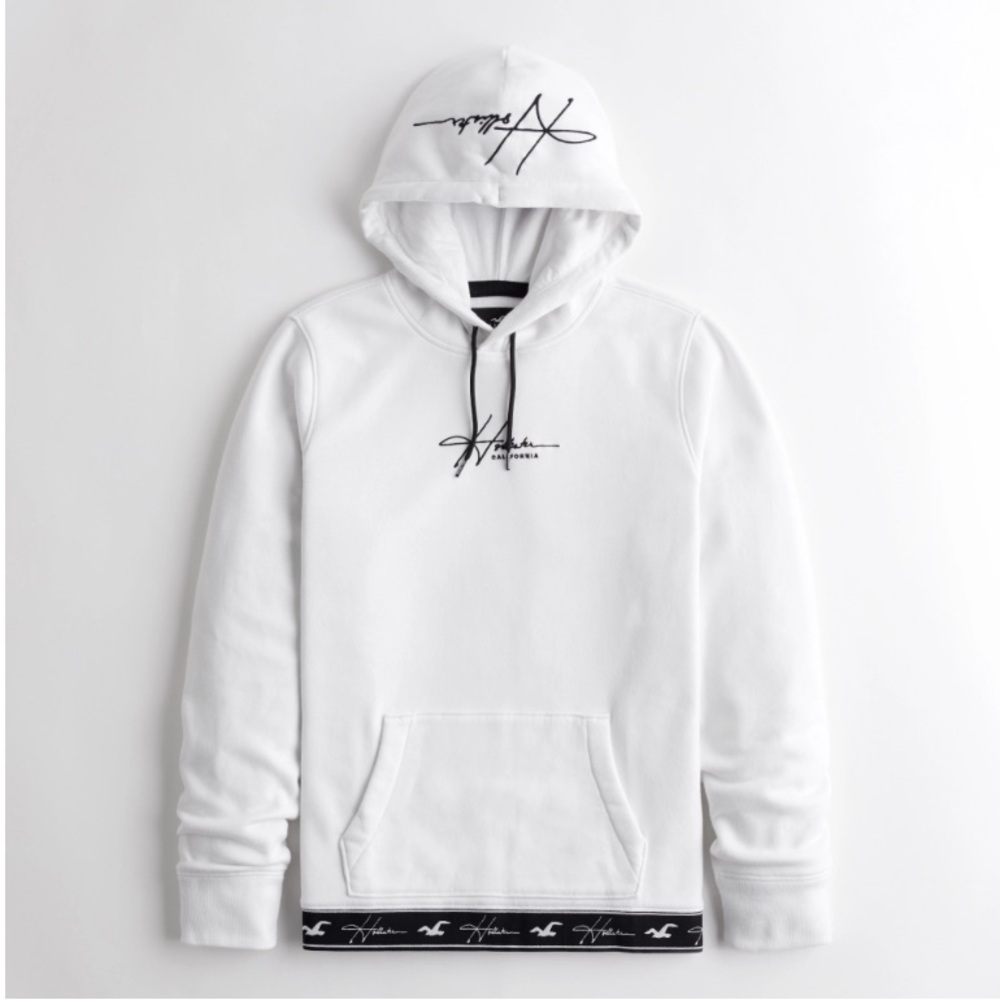 Hollister Men’s White Hoodie | Logo Pullover Sweatshirt | Casual Streetwear